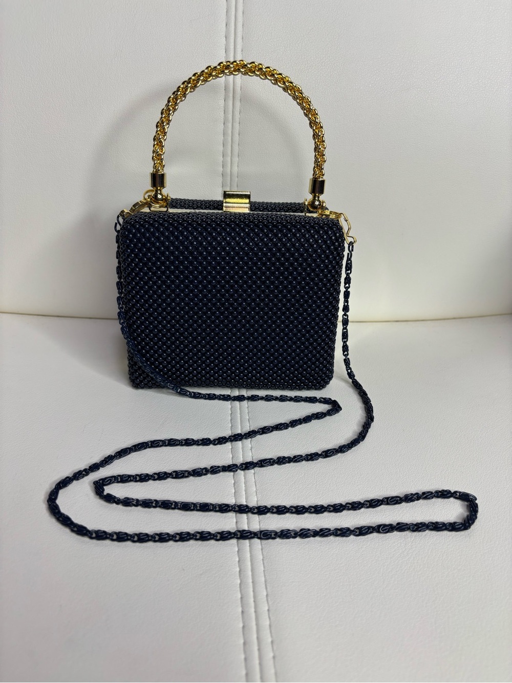 Elegant navy blue metal beaded mesh evening box clutch purse